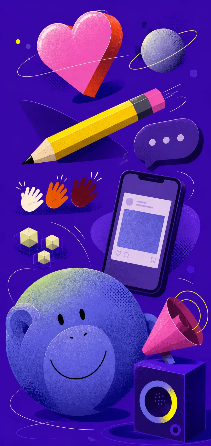 Illustration: an ape-faced planet, megaphone, phone with a social post, pencil and heart floating on violet